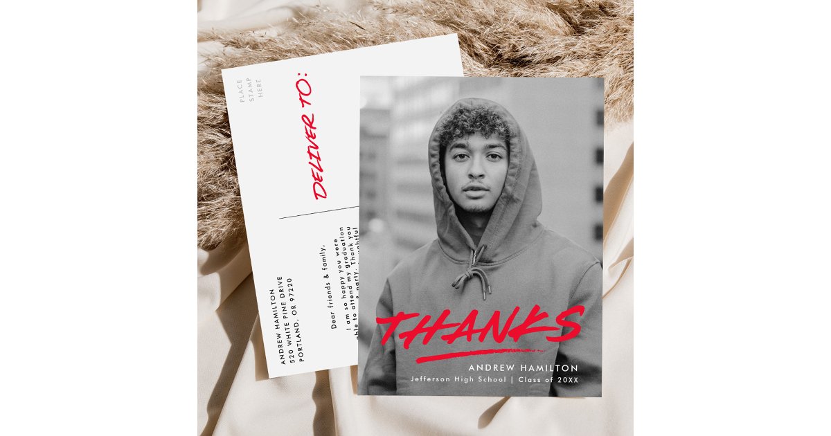Modern Dashed Red Photo Graduation Thank You Postcard | Zazzle