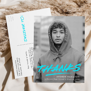 Modern Dashed Turquoise Photo Graduation Thank You Postcard