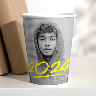 Modern Dashed Yellow 2024 Photo Graduation Paper Cups