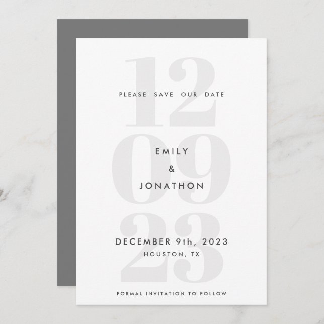 Modern Date Number Typography Gray Save The Date (Front/Back)