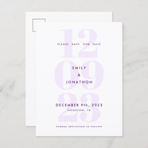 Modern Date Numeral Text Purple Save the Date Announcement Postcard