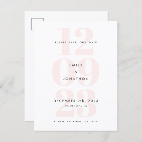Modern Date Numeral Typography Pink Save The Date Announcement Postcard