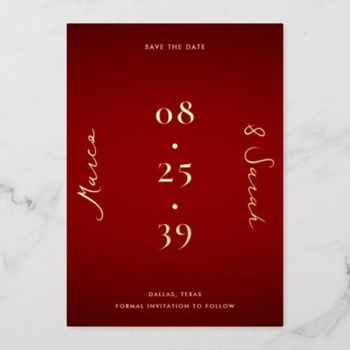 Modern Date  Red and Gold Wedding Save the Date Foil Invitation