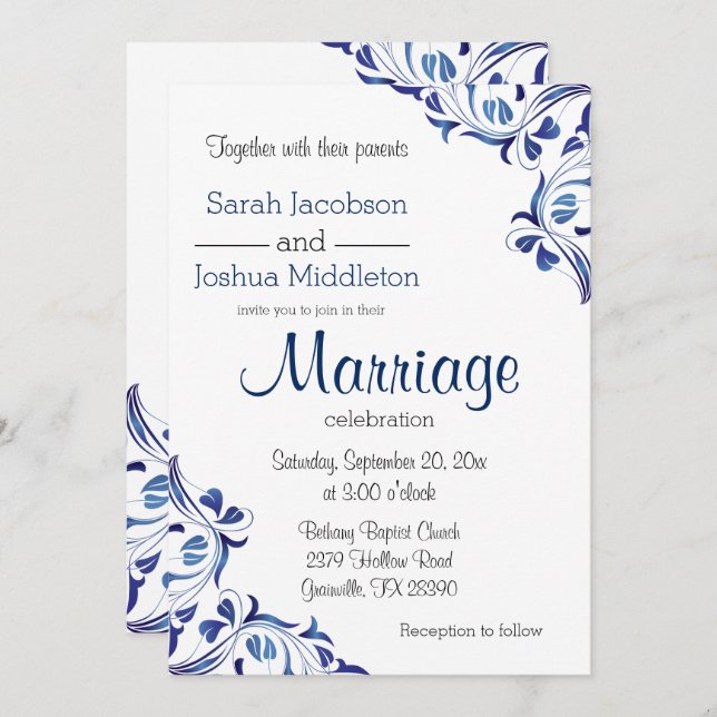 Modern Day Blue Sapphire Floral Invitation (Front/Back)