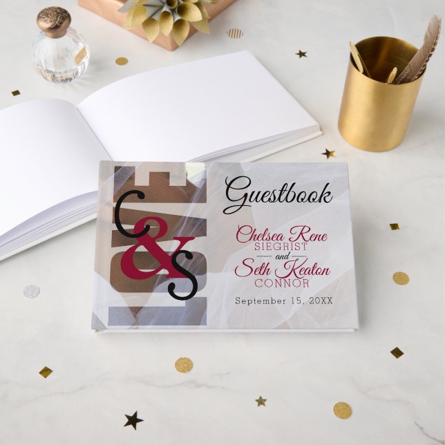 Modern Day Love - Red Maroon Wedding Guestbook (Front Open)