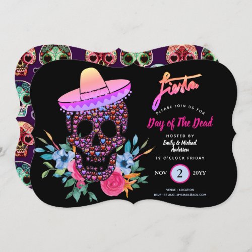 Modern Day of The Dead Fiesta Invites Pink Black