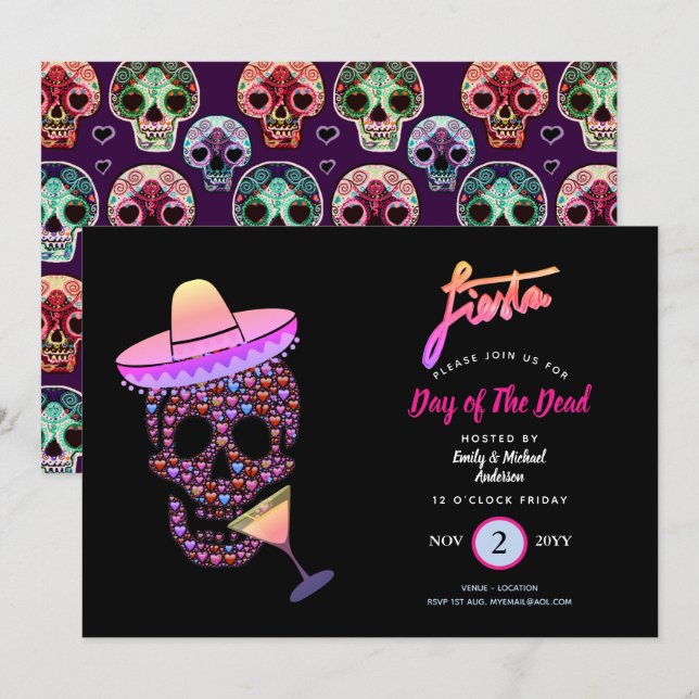 Modern Day of The Dead Fiesta Invites Pink Black (Front/Back)