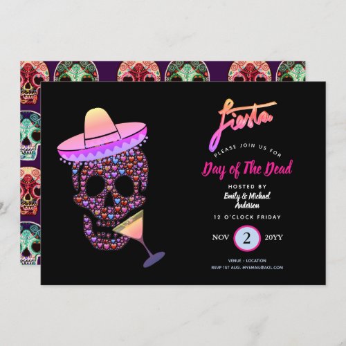Modern Day of The Dead Fiesta Invites Pink Black