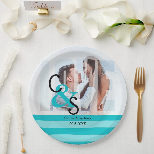 Modern Day Photo Love Couple Party - Turquoise Pap Paper Plates (Wedding)