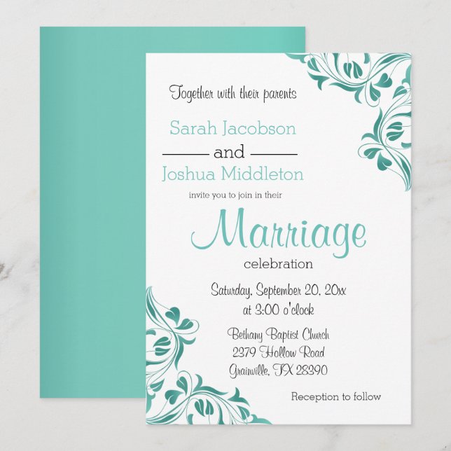 Modern Day Teal Floral Scroll Invitation (Front/Back)