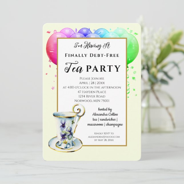 Modern Debt Free Tea Party Invitation (Standing Front)