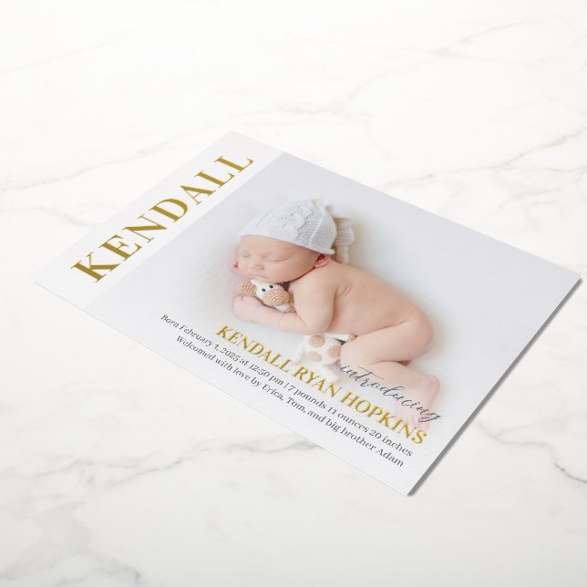 Modern Debut Foil Baby Birth Announcement (Rotated)