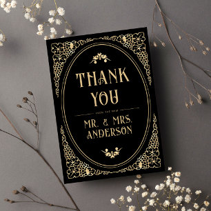 Modern Deco Art Black and Gold Faux Wedding Photo Thank You Card