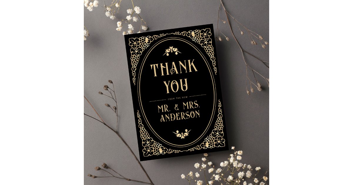 Modern Deco Art Black and Gold Faux Wedding Photo Thank You Card | Zazzle