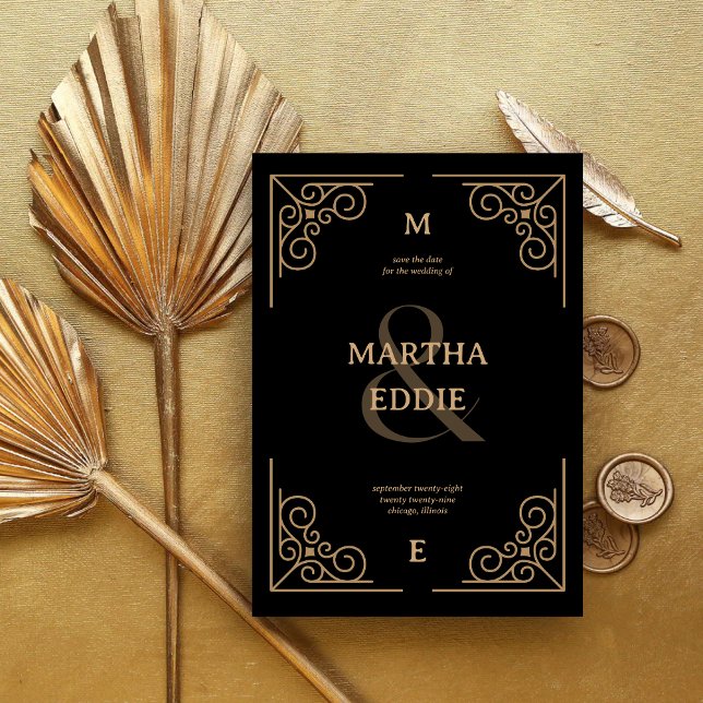 Modern Deco | Black and Gold Photo Back Wedding Save The Date (Modern deco black and gold save the date with photo back reveals your wedding date in elegant style.)