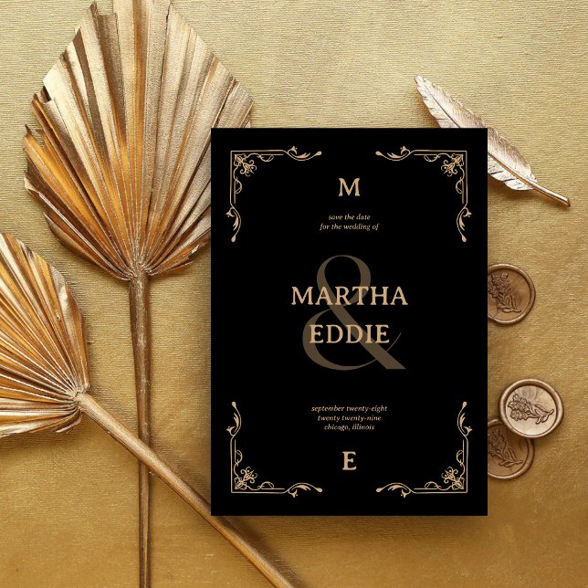 Modern Deco | Black and Gold Photo Back Wedding Save The Date (Modern deco black and gold save the date with photo back announces your day with elegant charm.)