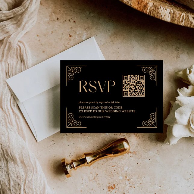 Modern Deco | Black and Gold Wedding QR Code RSVP Card (Modern deco black and gold QR code RSVP card makes RSVPs instant with sleek elegant style)