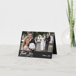 Modern Deco Black Peacock 2 Photo Wedding Folded Letterpress Thank You Card