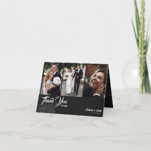 Modern Deco Black Peacock 3 Photo Wedding Folded Thank You Card