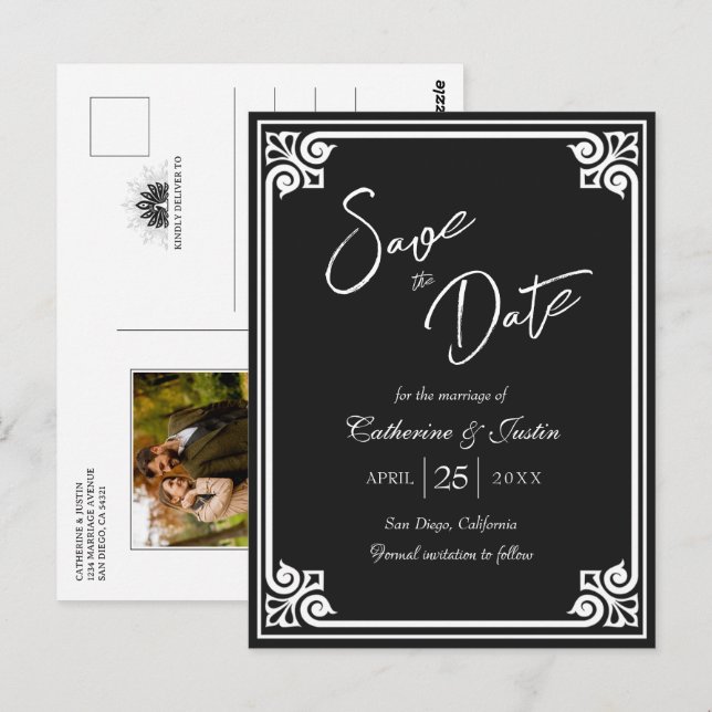 Modern Deco Black Peacock Photo Save The Date Postcard (Front/Back)