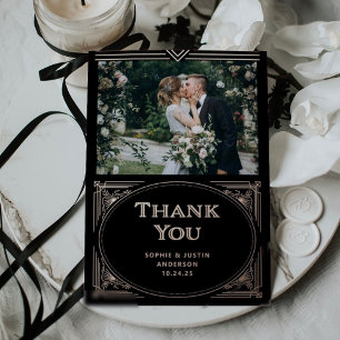 Modern Deco Black Thank You Card Rose Gold Foil