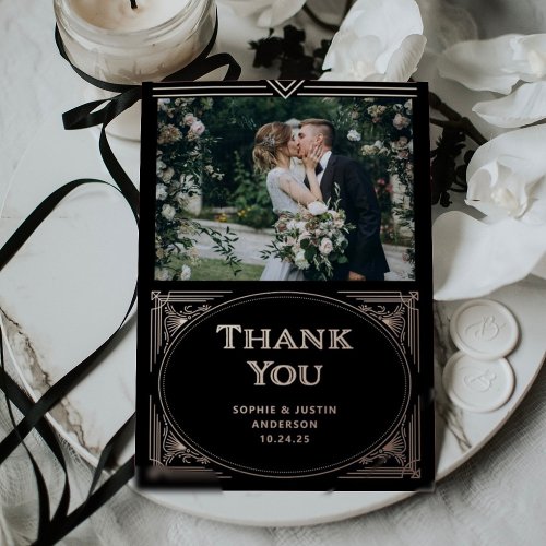 Modern Deco Black  Thank You Card Rose Gold Foil