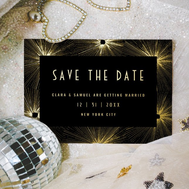 Modern Deco Black Wedding Save the Date Gold Foil  Foil Invitation Postcard (Fireworks bursts black and gold foil glamorous wedding Save the Date invitation.)
