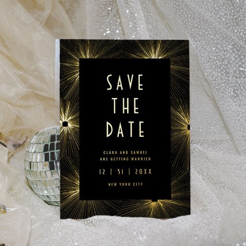 Modern Deco Black Wedding Save the Date Gold Foil Invitation