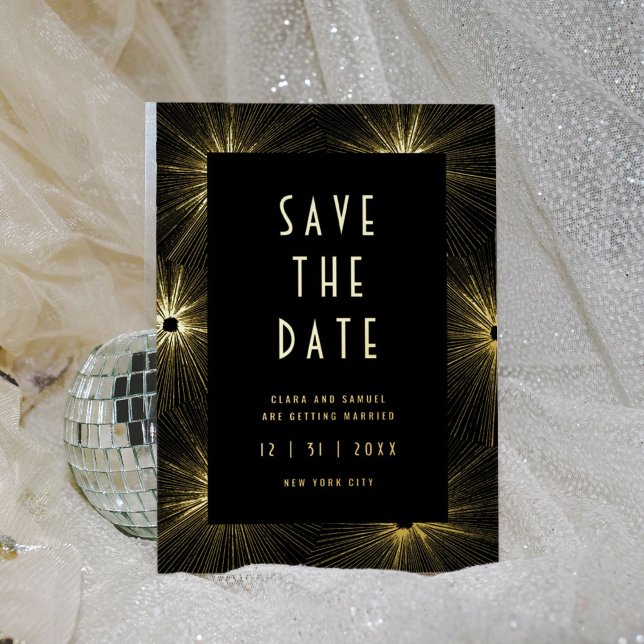 Modern Deco Black Wedding Save the Date Gold Foil Invitation (Glitz and glam fireworks bursts on this black and gold foil wedding save the date invitation.)