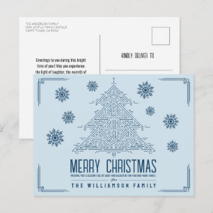 Modern Deco Christmas Tree Snowflakes Light Blue Holiday Postcard