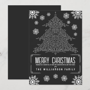 Modern Deco Christmas Tree Snowflakes White Black Holiday Card