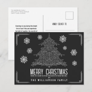 Modern Deco Christmas Tree Snowflakes White Black Holiday Postcard