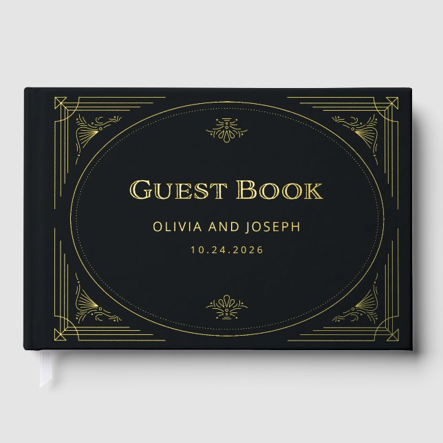 Modern Deco | Elegant Black and Gold Foil Wedding Guest Book (Front)