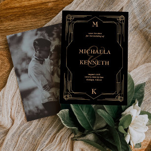 Modern Deco   Elegant Black and Gold Photo Back Save The Date
