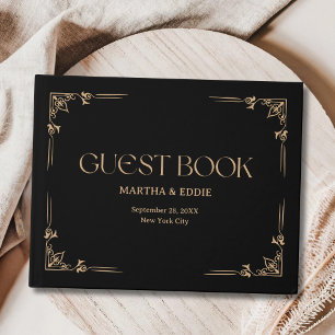 Modern Deco Elegant Black and Gold Wedding Guest Book
