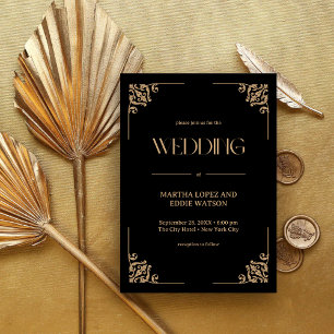 Modern Deco   Elegant Black and Gold Wedding Invitation