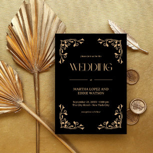 Modern Deco   Elegant Black and Gold Wedding Invitation