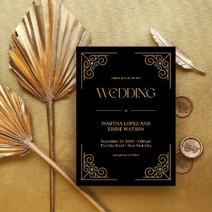 Modern Deco   Elegant Black and Gold Wedding Invitation