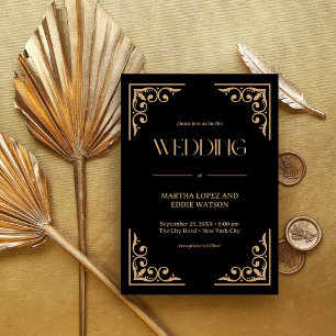 Modern Deco   Elegant Black and Gold Wedding Invitation