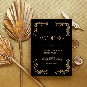 Modern Deco   Elegant Black and Gold Wedding Invitation