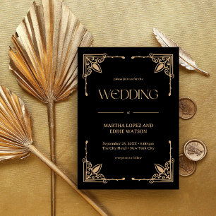 Modern Deco Elegant Black and Gold Wedding Invitation