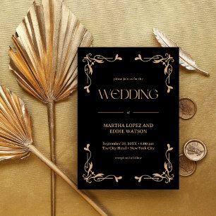 Modern Deco Elegant Black and Gold Wedding Invitation