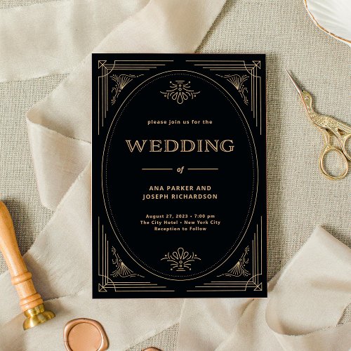 Modern Deco  Elegant Black and Gold Wedding Invitation