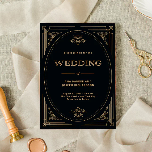 Modern Deco | Elegant Black and Gold Wedding Invitation | Zazzle