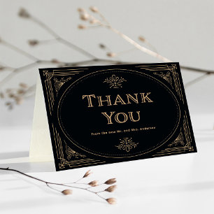 Modern Deco Elegant Black and Gold Wedding Letterpress Thank You Card
