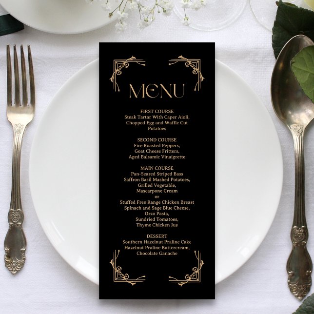 Modern Deco | Elegant Black and Gold Wedding Menu (Elegant black and gold wedding menu presents your courses with refined style and ease)