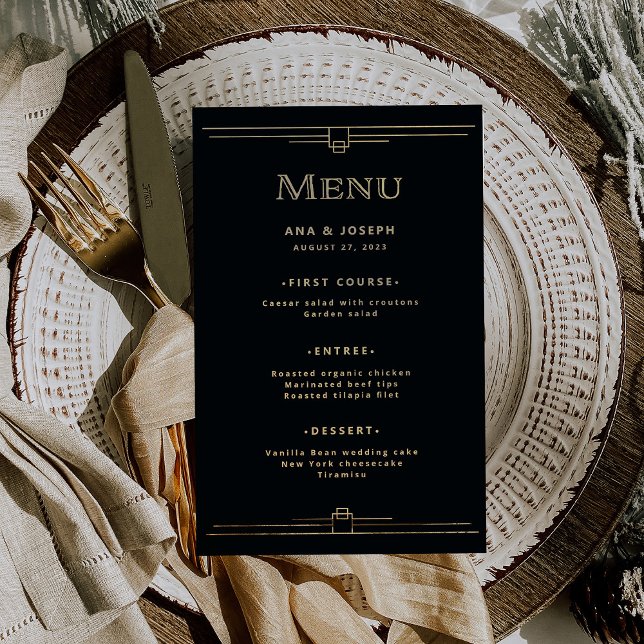 Modern Deco | Elegant Black and Gold Wedding Menu Flyer (Creator Uploaded)