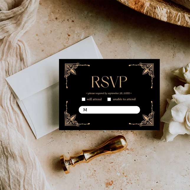 Modern Deco | Elegant Black and Gold Wedding RSVP Card (Creator Uploaded)