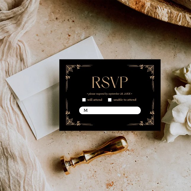 Modern Deco | Elegant Black and Gold Wedding RSVP Card (Creator Uploaded)