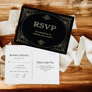Modern Deco | Elegant Black and Gold Wedding RSVP Foil Invitation Postcard